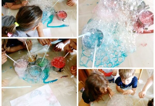 Ribice - summer activities, colored soap water bubbles, blowing with straws and painting