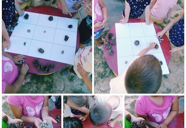 Ribice - outdoor games, tic tac toe, making and playing with natural materials, rocks and cones