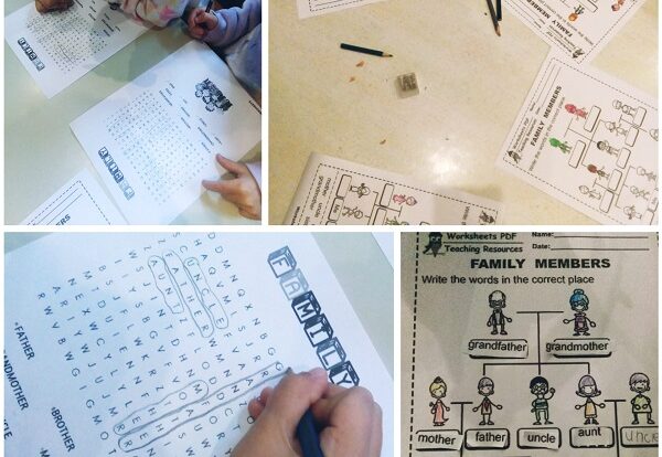 Ribice - graphomotorics worksheets, cut and paste family members and family word search