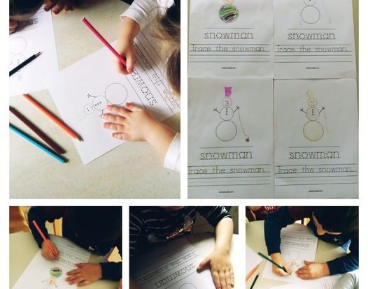 Leptirići engleski - Winter worksheets, snowman, trace the lines and draw what's missing on snowman