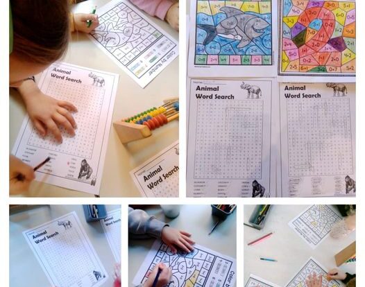 Ribice - Animal worksheets, wordsearch and color by addition worksheet