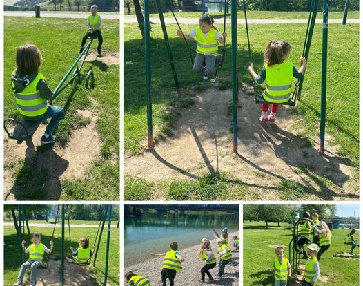 Ribice - Stretching and exercising outdoors, walking to Lake Jarun, and playing outdoor games.