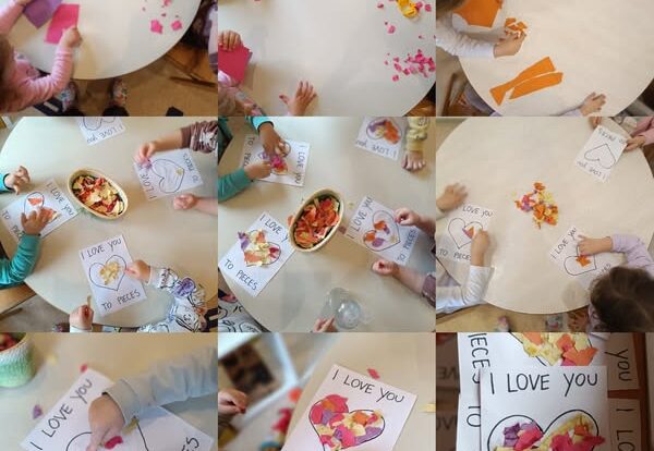 Leptirići - learning words related to love. Making a greeting card on the occasion of Valentine's Day by tearing paper and gluing it onto a heart pattern. Development of fine motor skills and cognition.